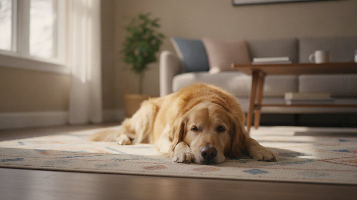 Relaxed golden retriever resting on a living room rug, illustrating why a dog's stomach gurgles