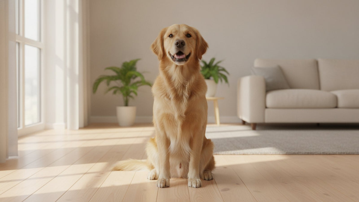 Happy golden retriever sitting on a clean floor at home, illustrating dog scooting causes and allergies
