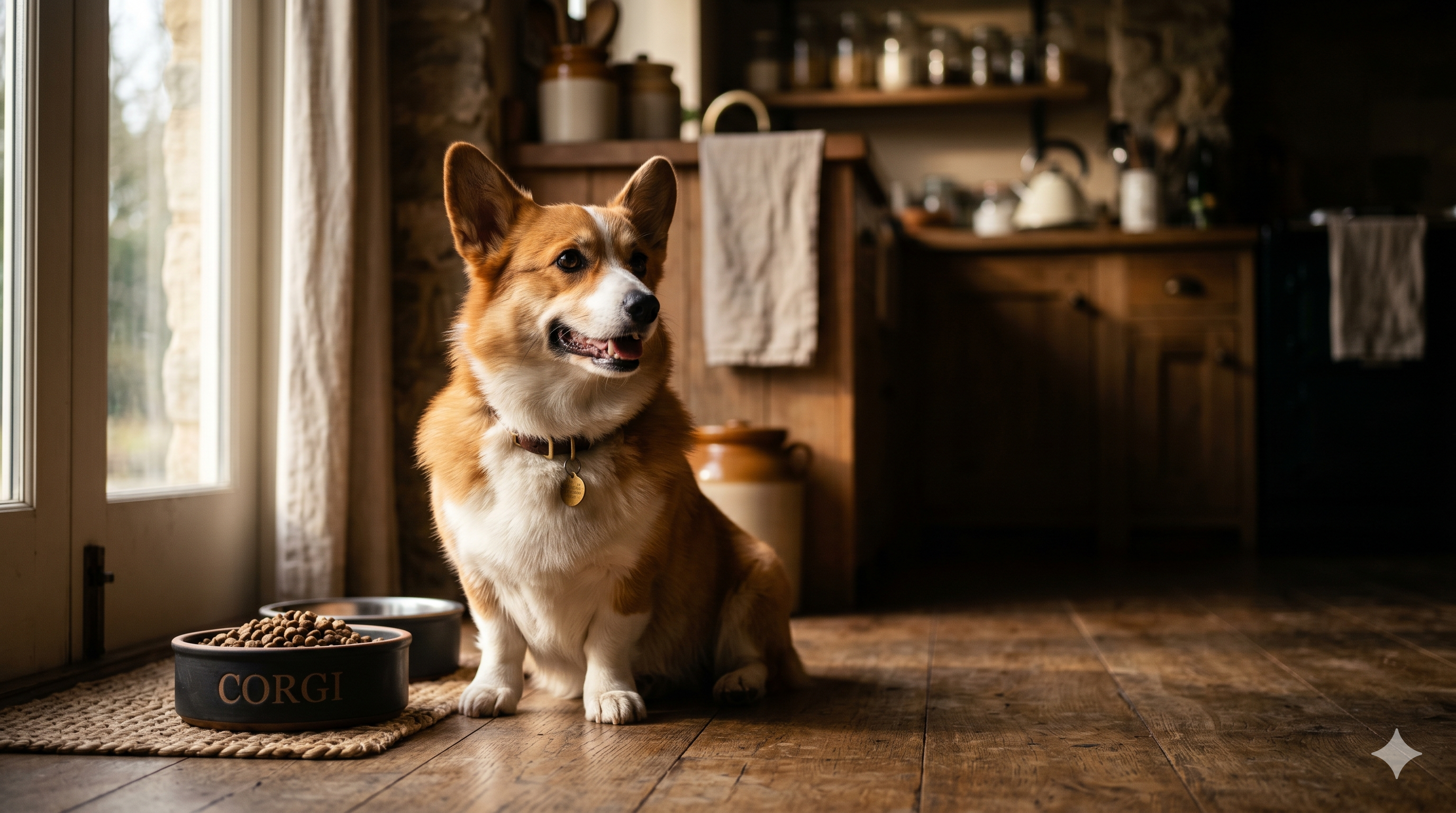 Happy healthy Pembroke Welsh Corgi by its bowl in a bright kitchen — probiotics for dogs with diarrhea