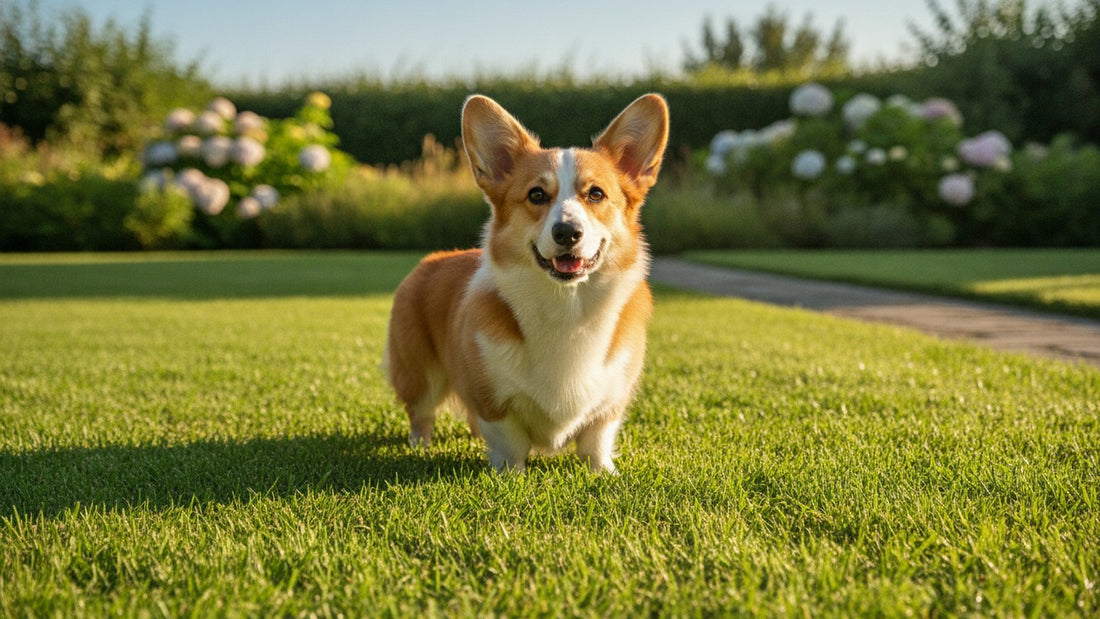 Healthy corgi standing on a sunny lawn, illustrating liquid dewormer for dogs