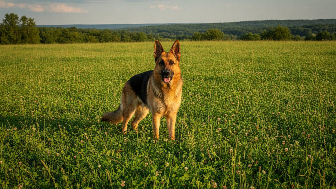 Healthy German shepherd standing in a green field, illustrating intestinal parasites in dogs and testing