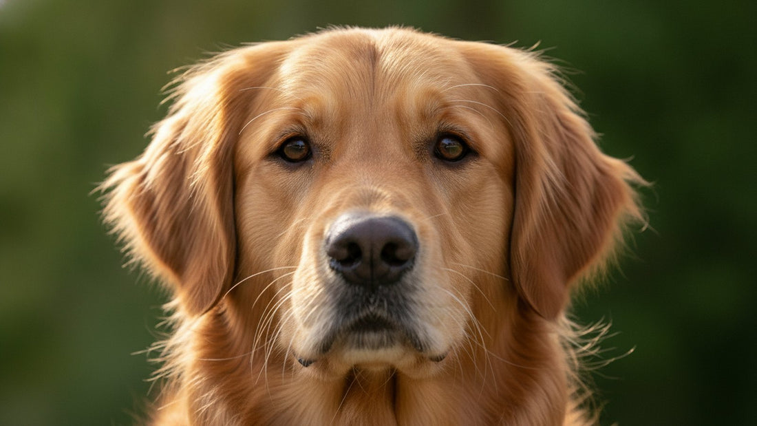 Close portrait of a golden retriever's face showing its whiskers, illustrating why dogs have whiskers