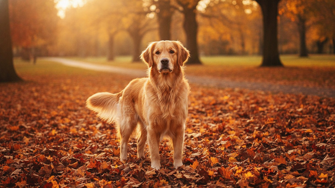 Golden retriever standing among autumn leaves, illustrating fall allergies in dogs from ragweed and mold