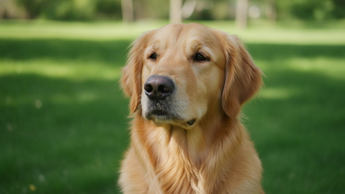 Healthy golden retriever sitting on a sunny lawn, illustrating why a dog's nose is wet