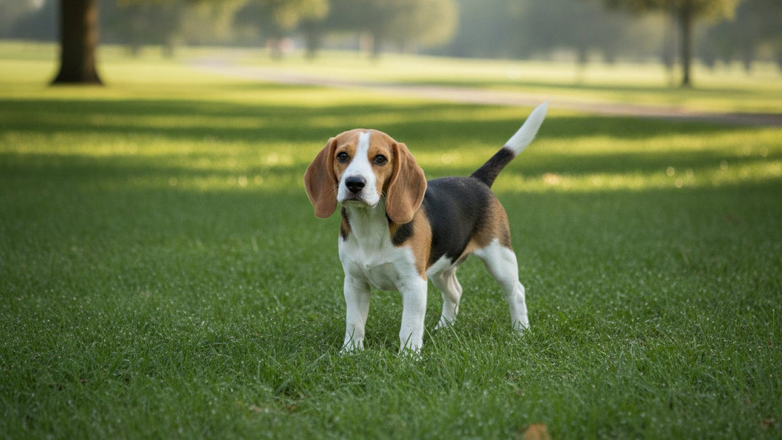 Healthy beagle puppy standing on a green park lawn, illustrating roundworms in dogs and puppy care