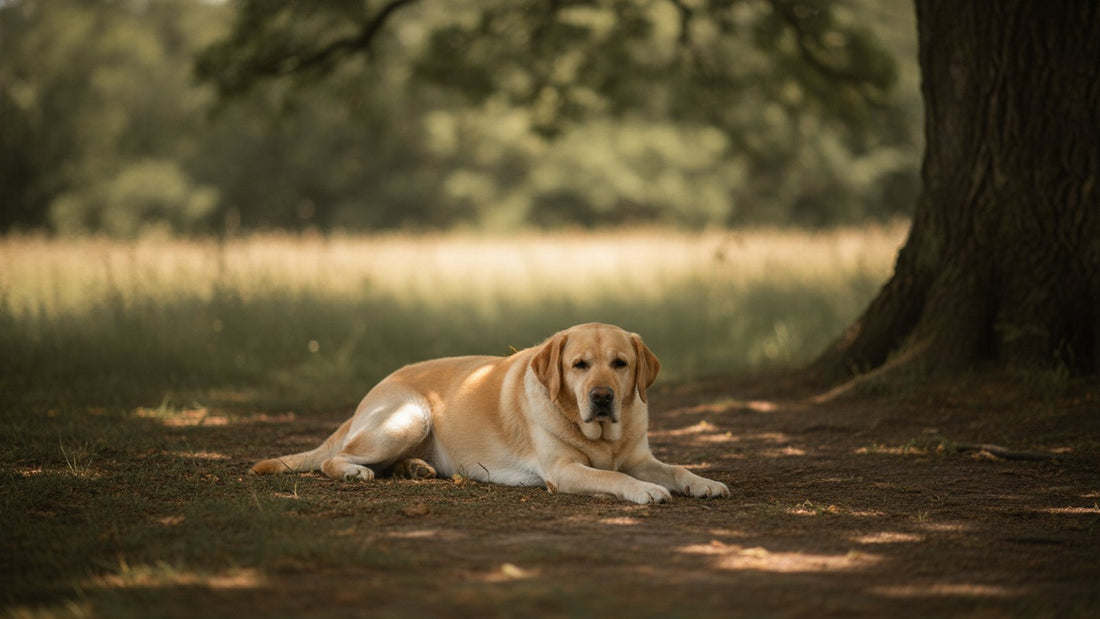 Healthy labrador retriever resting in tree shade on a summer day, illustrating dog heat rash prevention