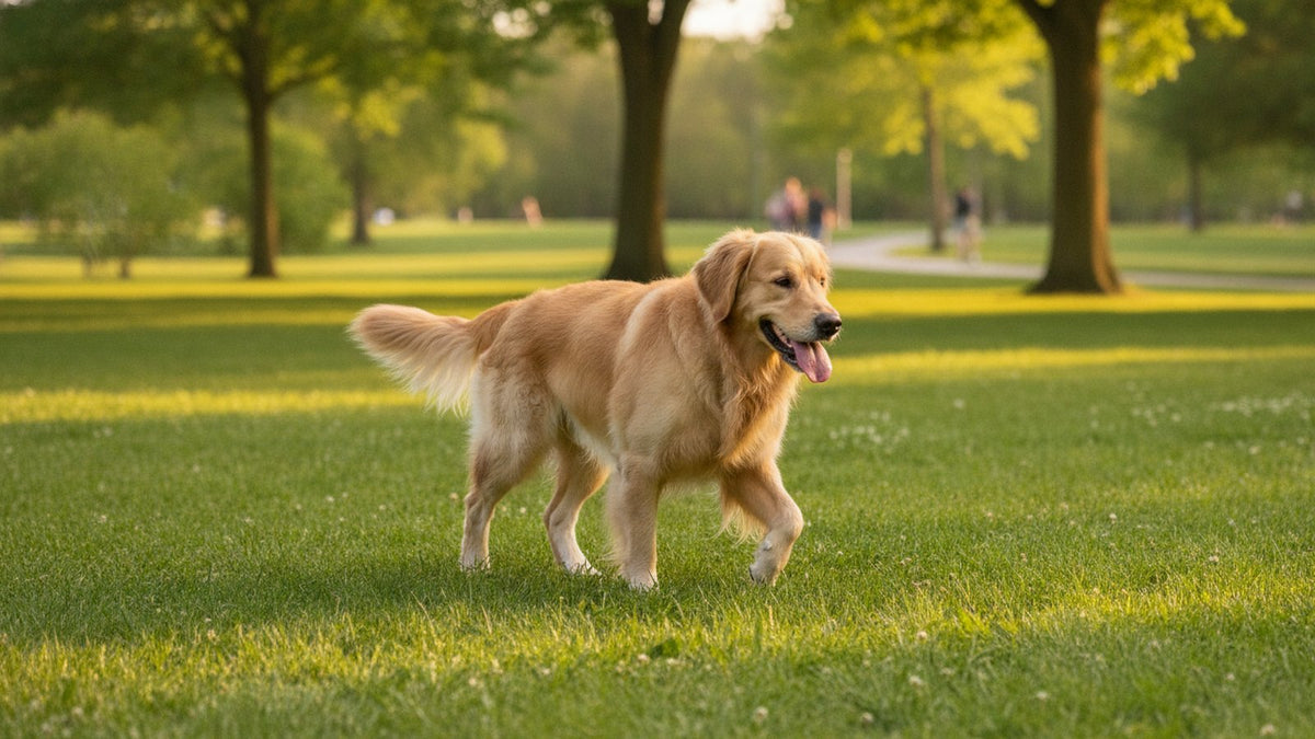 Golden retriever walking on grass