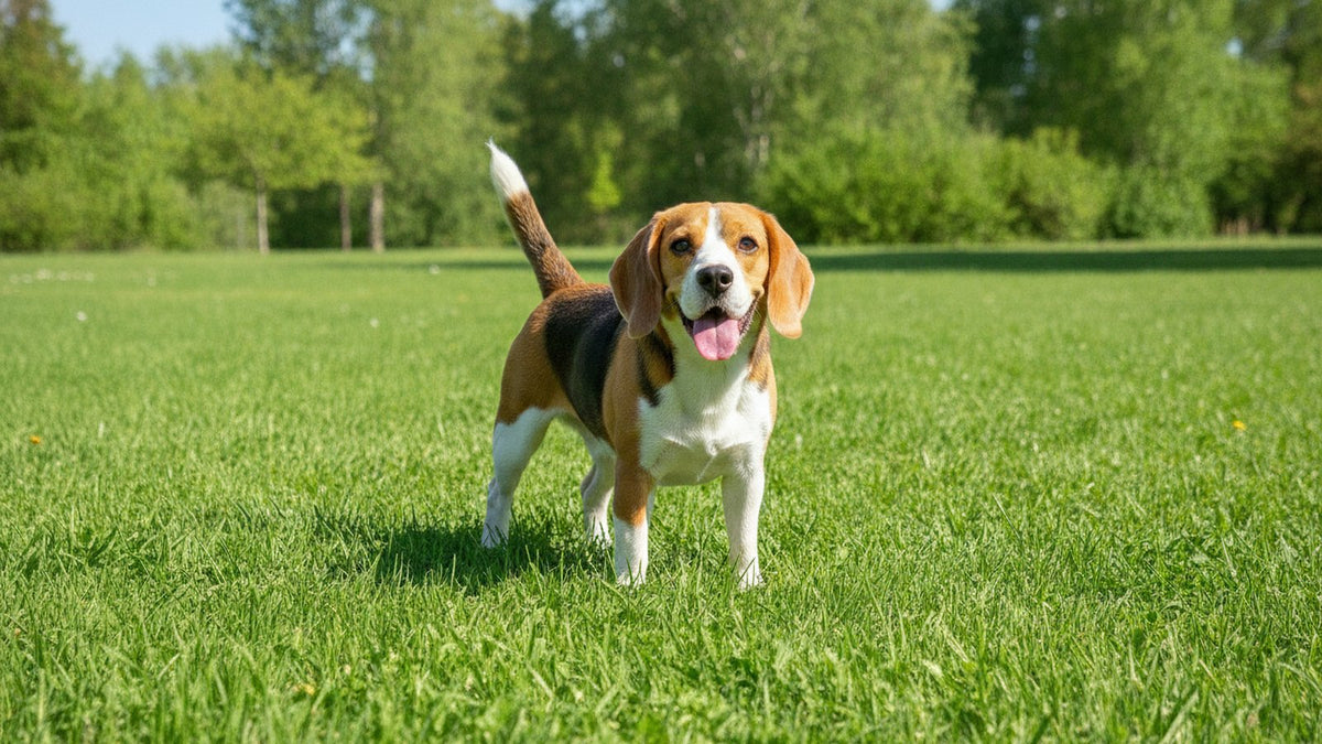 Healthy beagle standing on a park lawn, illustrating dog diarrhea causes, home care and when to see a vet