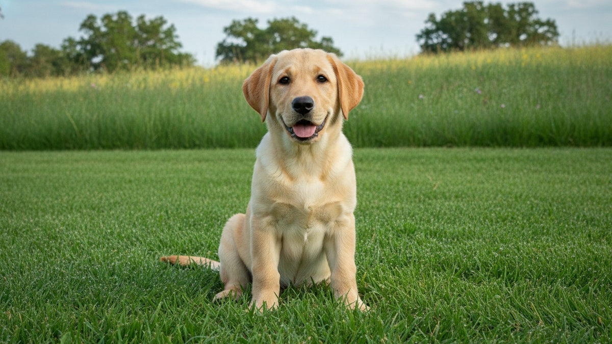 Healthy labrador puppy sitting on a lawn, illustrating hookworms in dogs, testing and puppy risk