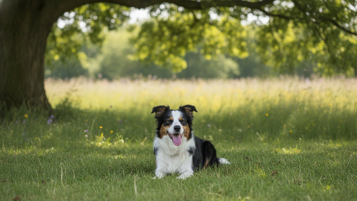 Border collie resting in tree shade with its tongue out, illustrating why dogs pant to cool down