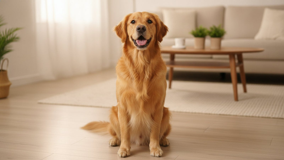 Happy golden retriever sitting indoors, illustrating dog hives causes, treatment and emergency signs