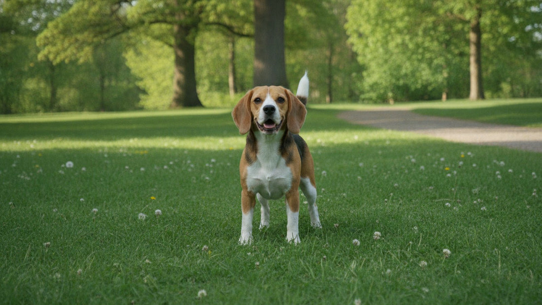 Healthy beagle standing on a green park lawn, illustrating whipworms in dogs, testing and reinfection prevention