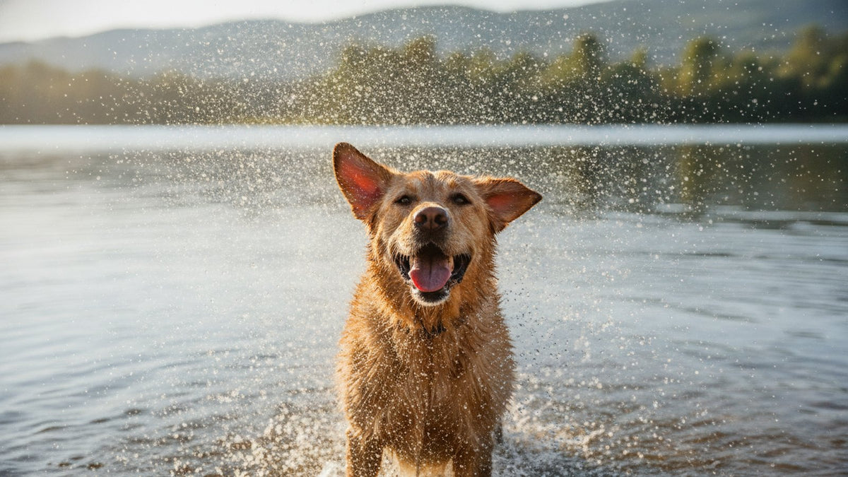 Wet golden dog shaking off water in a lake, illustrating why dogs shake off water