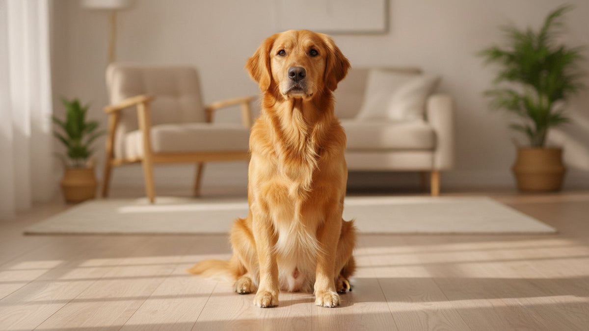 Healthy golden retriever sitting calmly in a bright living room, illustrating dog dermatitis types, signs and care