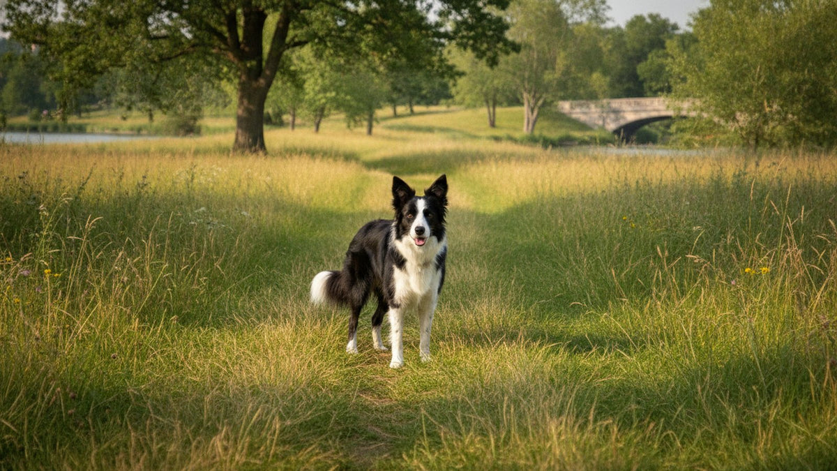 Healthy border collie standing in a sunny meadow, illustrating dog coughing causes and when to worry