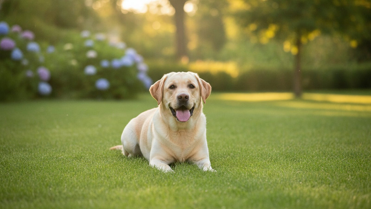 Happy labrador relaxing on a lawn, illustrating natural alternatives to Apoquel and Cytopoint for itchy dogs