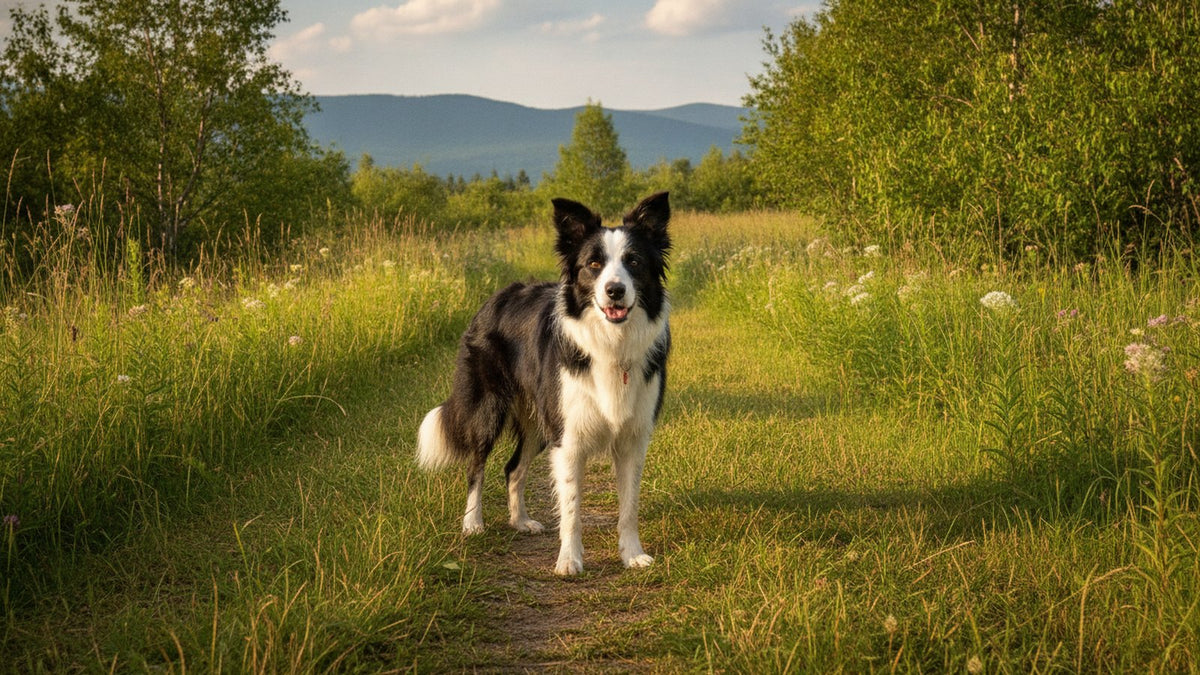 Healthy border collie standing on a grassy trail, illustrating why dogs have dewclaws, anatomy and care
