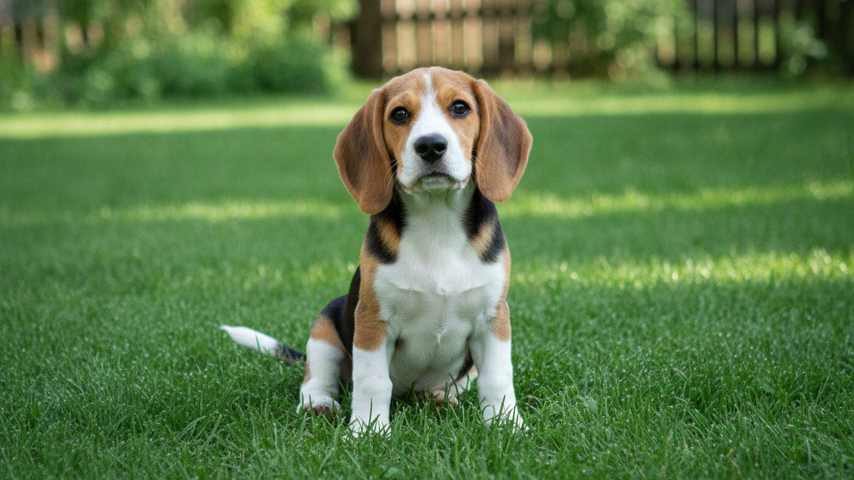 Healthy beagle puppy sitting on a green lawn, illustrating coccidia in dogs, fecal results and reinfection
