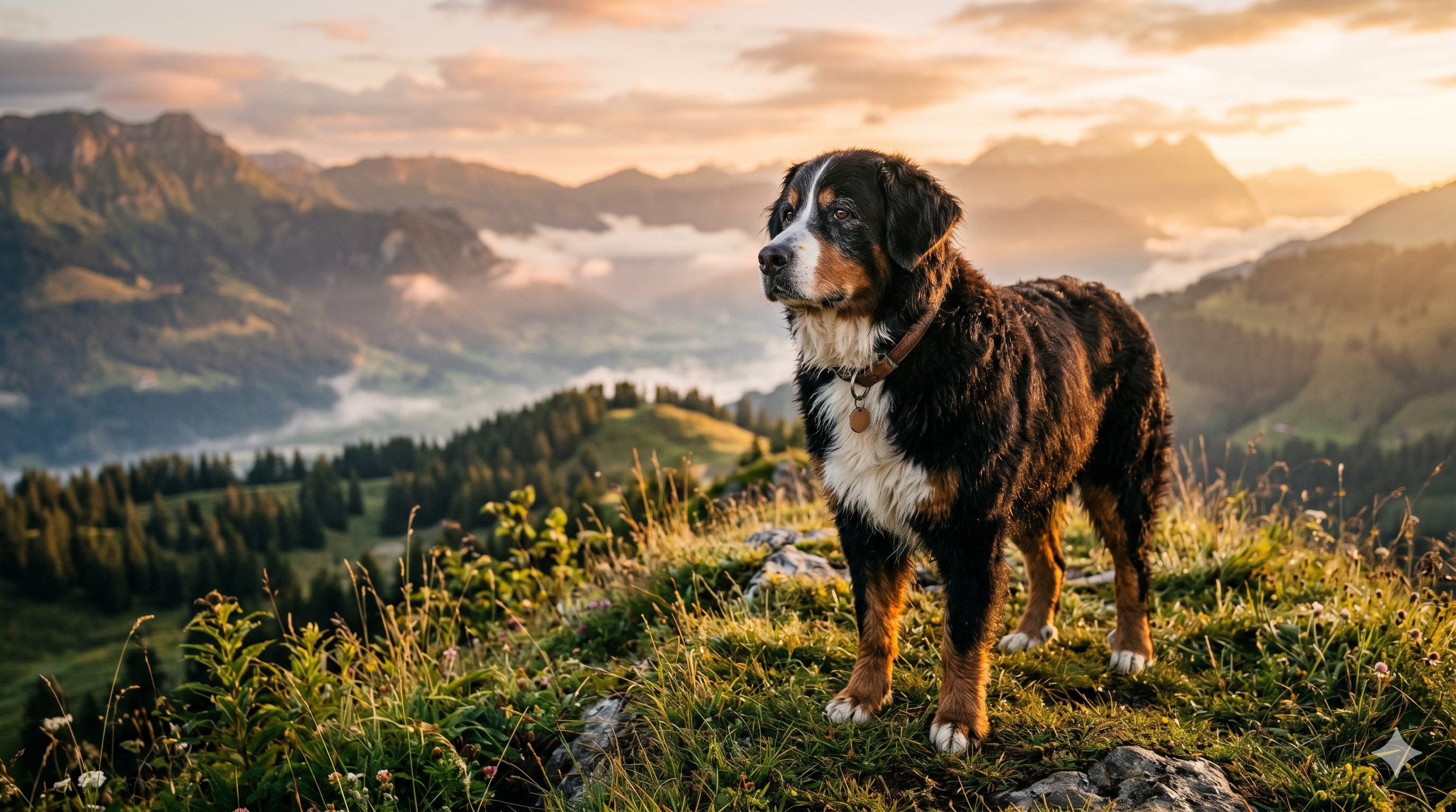 Senior Bernese Mountain Dog standing on a hillside at sunrise, illustrating collagen for dogs with arthritis and joint mobility