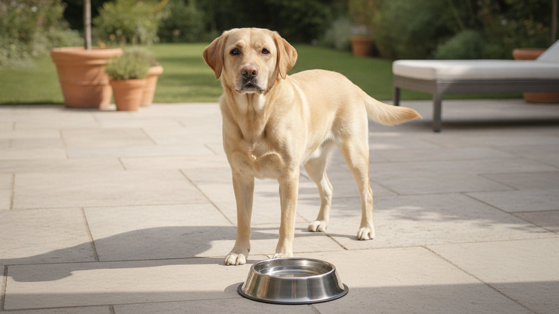 Healthy labrador retriever beside a clean water bowl, illustrating giardia in dogs, testing and reinfection prevention
