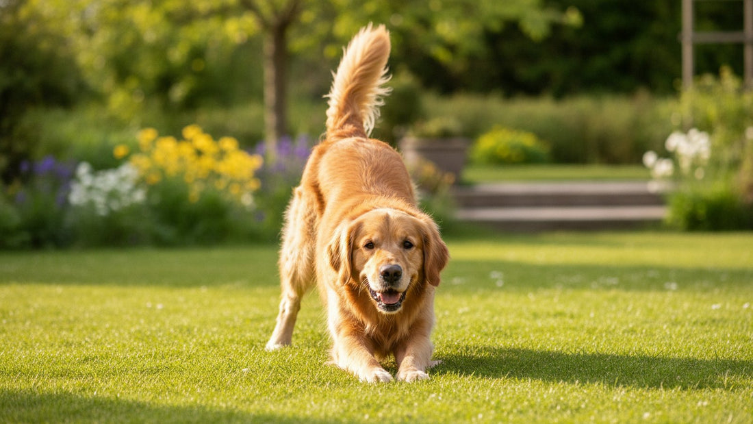 Golden retriever doing a play bow stretch on a sunny lawn, illustrating why dogs stretch