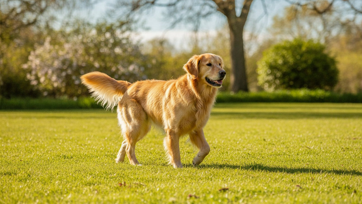 Golden retriever walking comfortably on a sunny lawn, illustrating Freedom Joint Drops reviews and dog joint support
