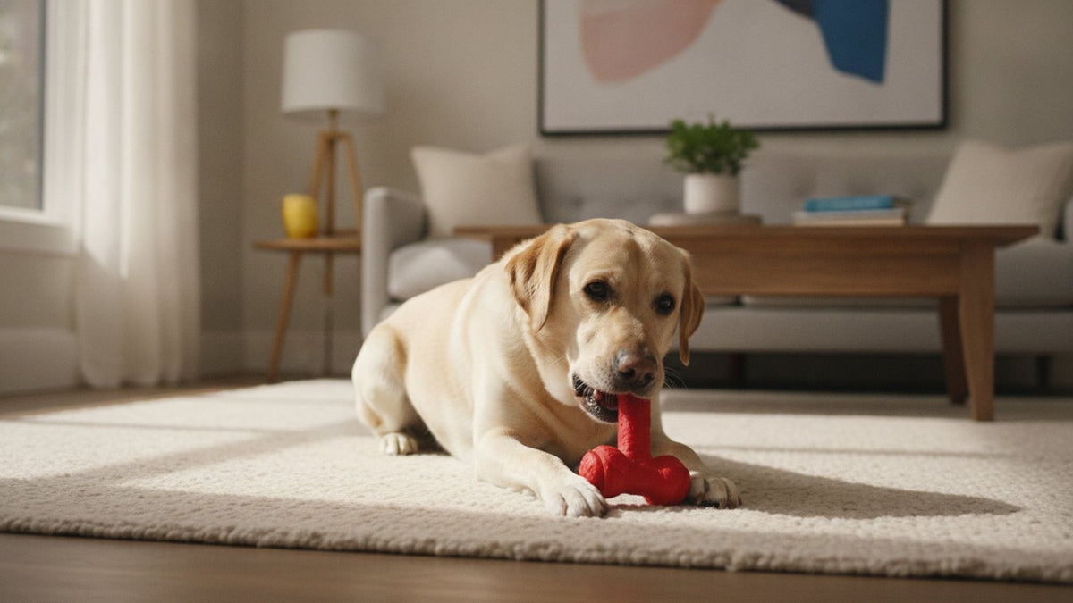 Labrador chewing a rubber chew toy on a living room rug, illustrating why dogs chew and safe chewing habits