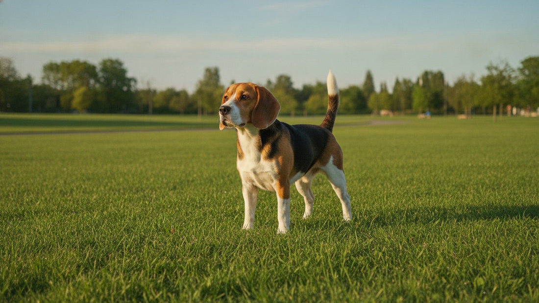 Healthy beagle standing on a park lawn, illustrating dog constipation, digestive care and when to call the vet