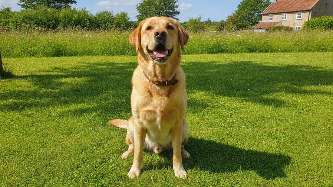 Happy labrador retriever sitting on a green lawn, illustrating Zenrelia for dogs, side effects and itch relief