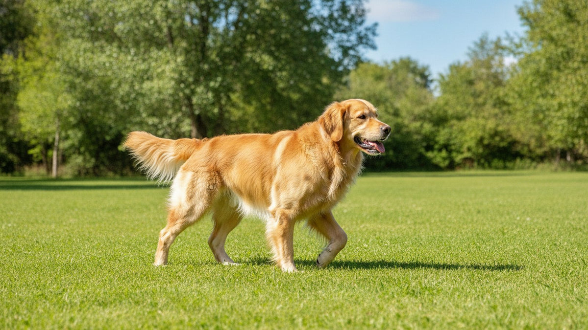 Golden retriever on a sunny lawn