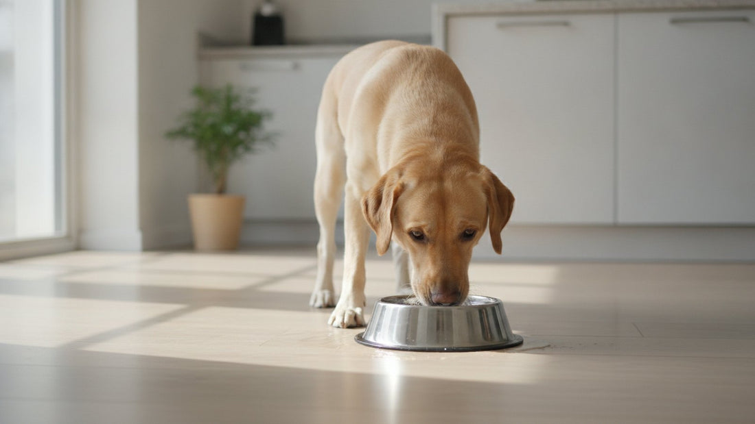 Labrador drinking water from a steel bowl, illustrating how dogs drink water and everyday bowl care