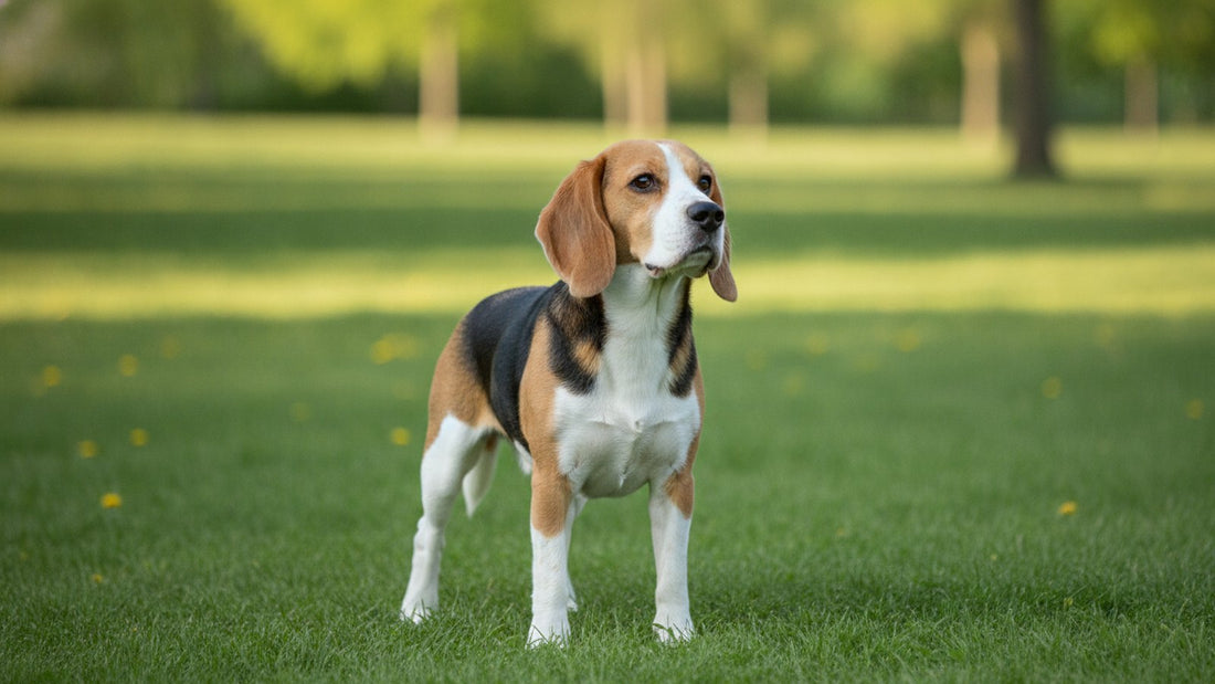 Healthy beagle standing on a park lawn, illustrating UTI in dogs, symptoms, causes and when to see a vet