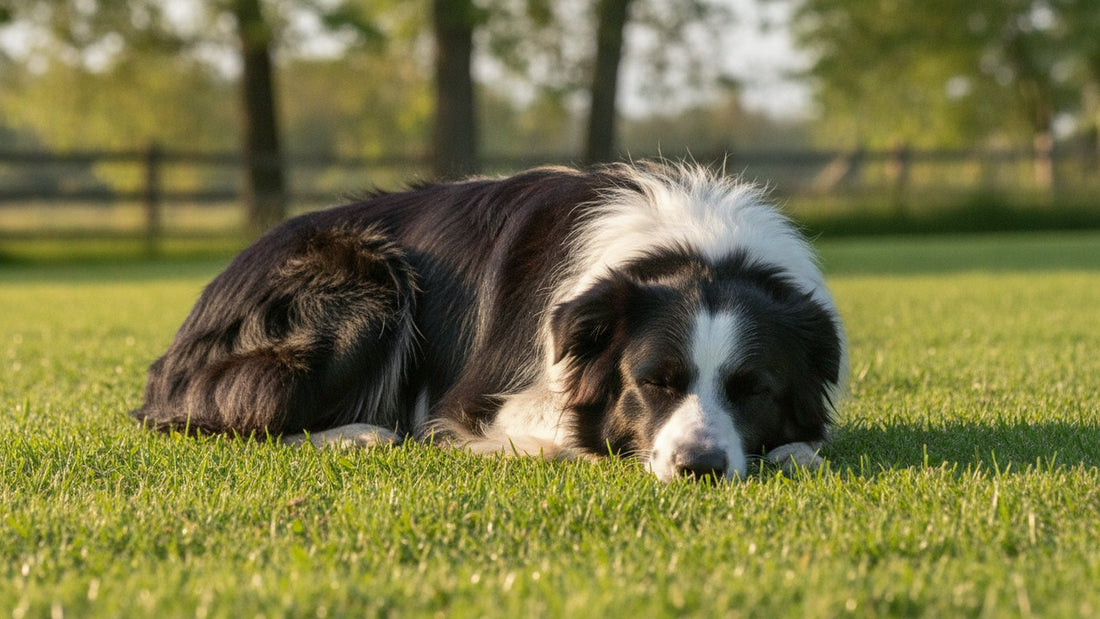 Calm border collie resting on a sunny lawn, illustrating lick granuloma in dogs, causes and treatment