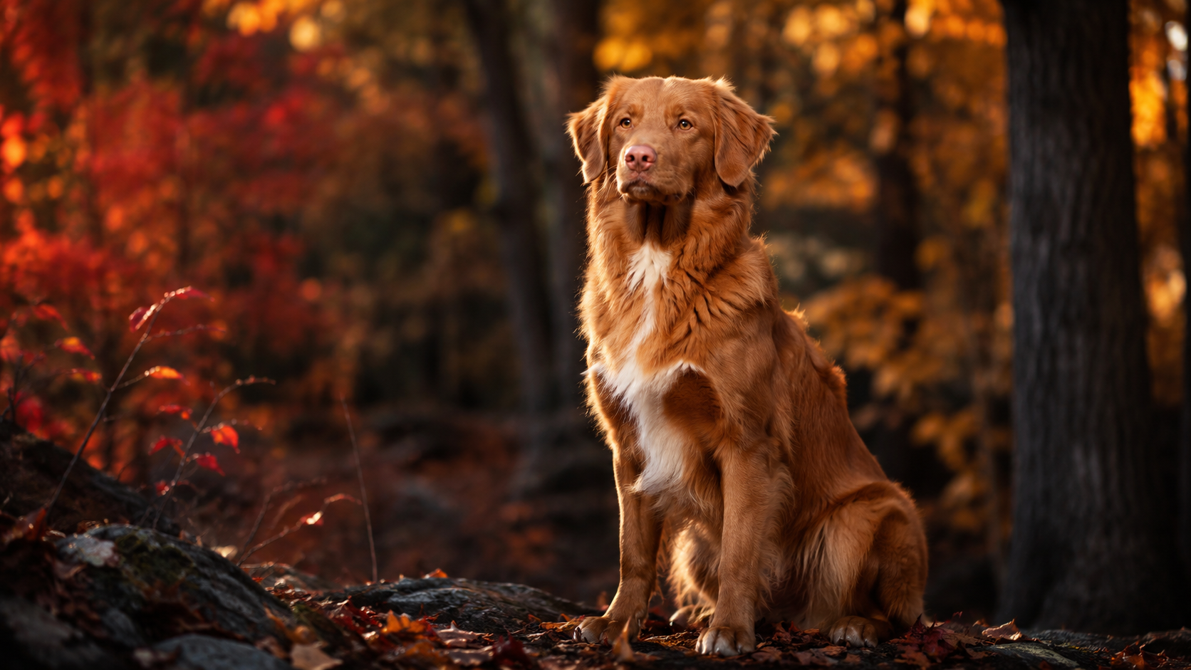 Nova Scotia Duck Tolling Retriever with a glossy coat in a Canadian autumn forest, comparing marine vs bovine collagen for dogs