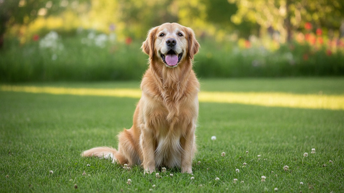 Healthy senior golden retriever sitting on a sunny lawn, longest living dog breeds in Canada