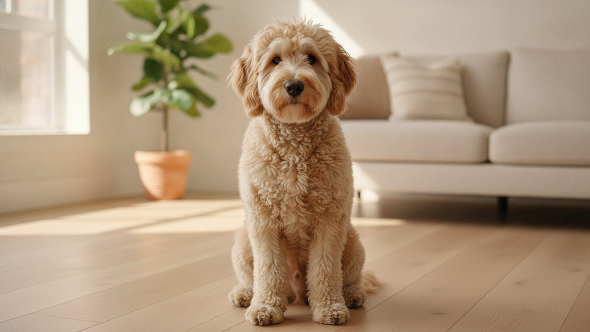 Fluffy cream goldendoodle with a round teddy bear face, teddy bear dog breeds in Canada