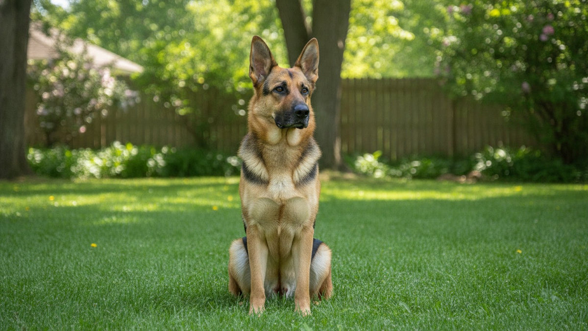Healthy German Shepherd sitting calmly on a green lawn, illustrating German Shepherd skin allergies and itchy skin care