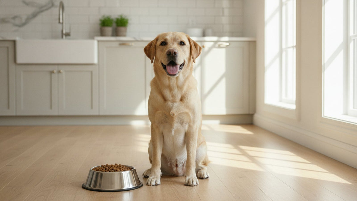 Happy Labrador sitting beside a bowl in a bright kitchen, illustrating ground turkey for dogs raw or cooked