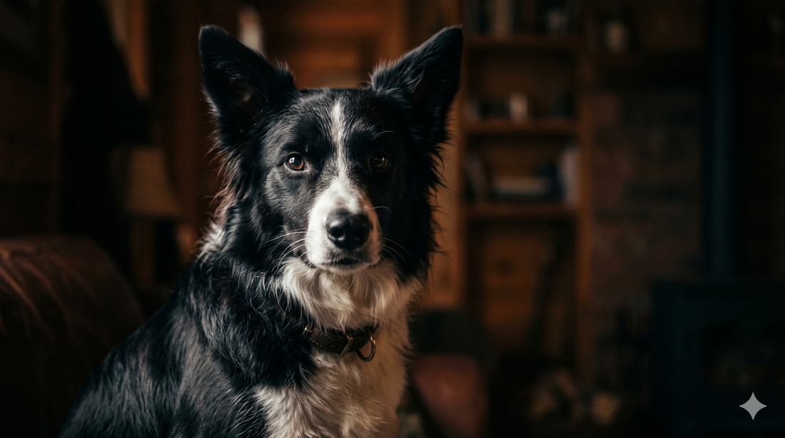 Attentive Border Collie with a healthy shiny coat, illustrating signs of collagen deficiency in dogs