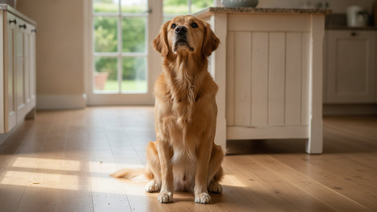 Curious Golden Retriever sitting on a kitchen floor, illustrating whether raw eggs are good for dogs
