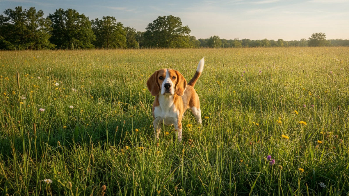 Healthy Beagle standing in tall meadow grass, illustrating whether dogs can get chiggers