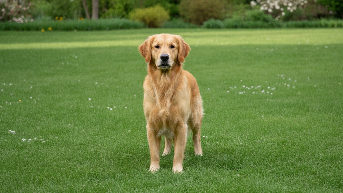 Healthy golden retriever with a clean glossy coat standing on a lawn, illustrating pyoderma in dogs and skin recovery