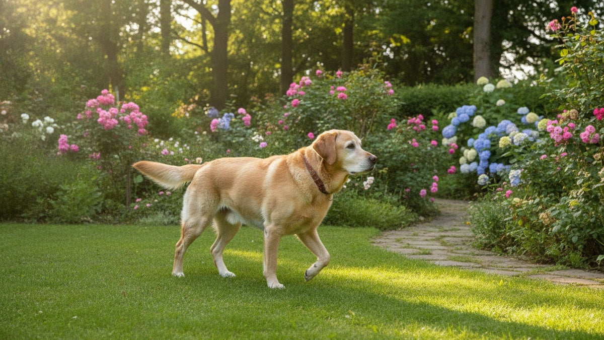 Healthy senior Labrador walking comfortably across a sunny garden, illustrating dogs taking glucosamine with NSAIDs for joint care