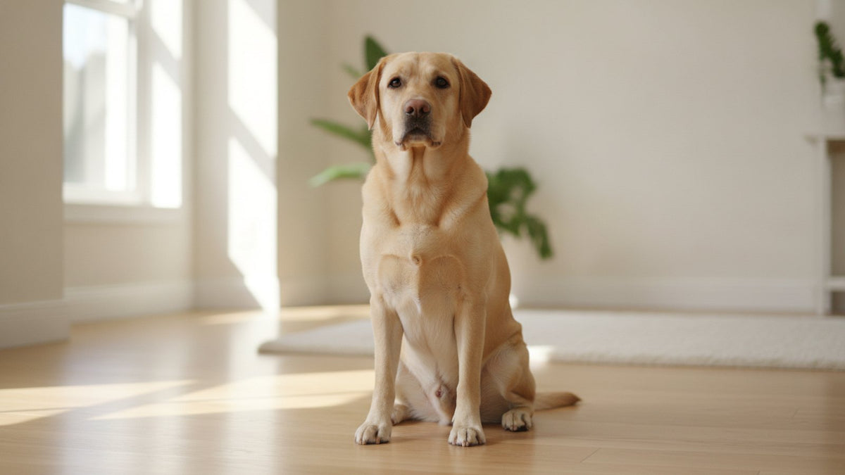 Healthy labrador retriever with a clean glossy coat sitting calmly in a bright home, illustrating dog staph infection and skin allergies