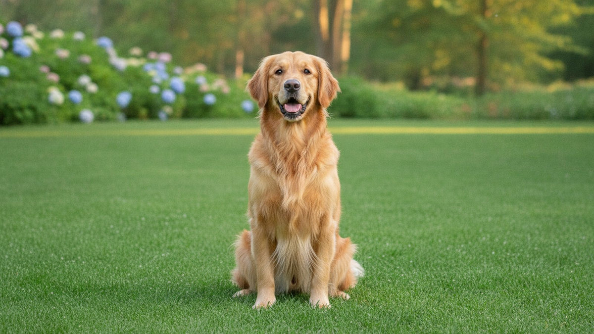 Healthy golden retriever with a shiny coat sitting on a green lawn, illustrating golden retriever skin allergies