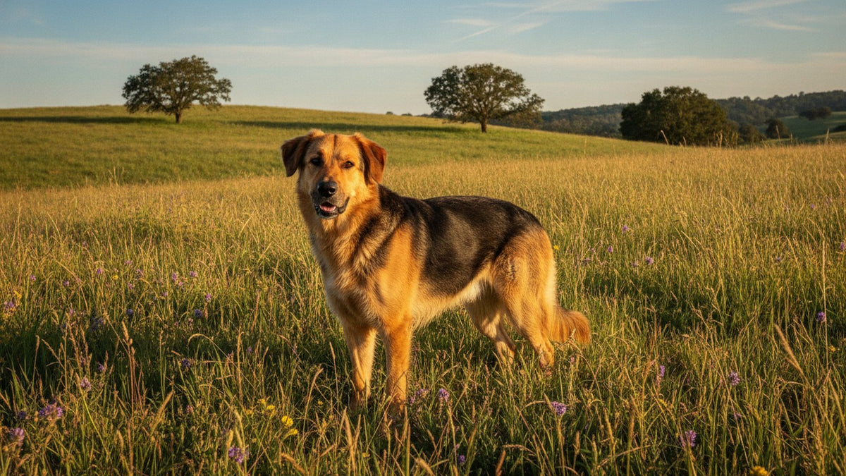 Healthy mixed breed dog with a thick glossy coat standing in a sunny meadow, illustrating what mange in dogs is