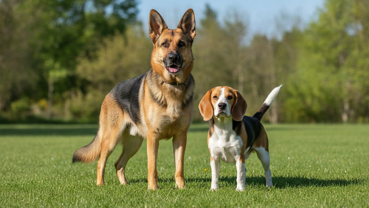German shepherd and beagle standing side by side on a lawn, illustrating purebred dogs and their health