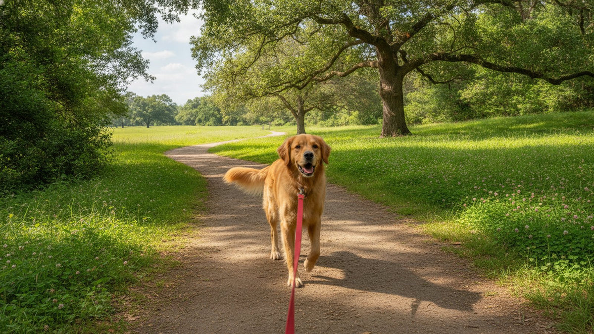 Healthy dog walking along a green park path, illustrating constipated dog signs, causes and when to call the vet