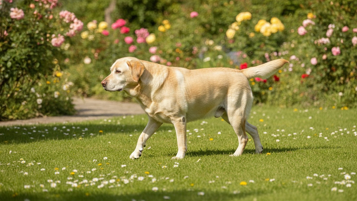 Healthy senior labrador walking comfortably across a sunny garden, illustrating glucosamine and prednisone for dogs