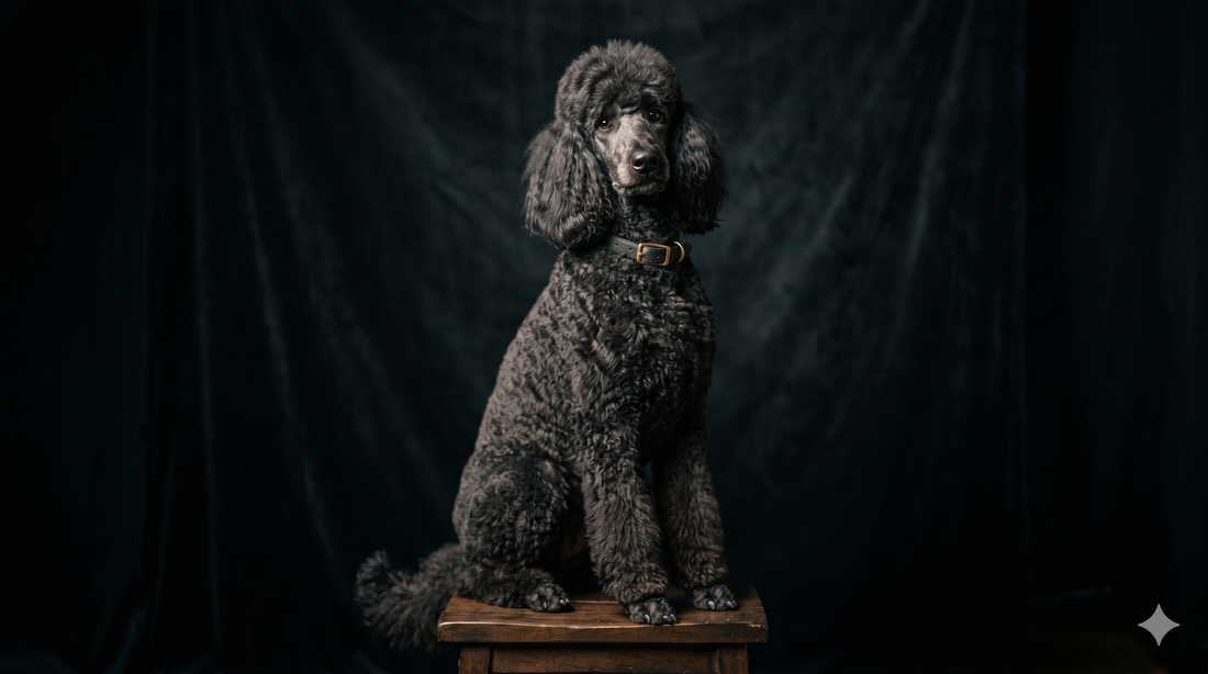 Elegant standard poodle in a studio portrait, illustrating collagen types for dogs